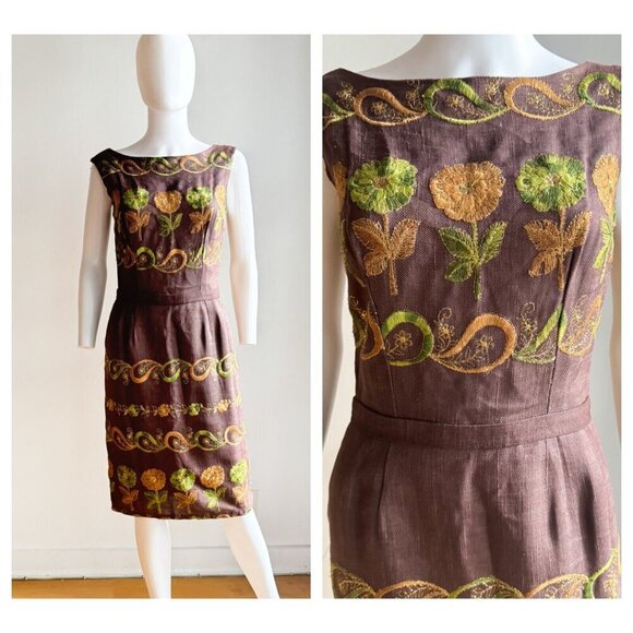 Vintage Waschek Wien Austria Embroidered Sheath Dress S - Picture 1 of 9